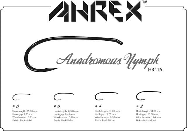 Black-nickel Ahrex HR416 Anadromous curved nymph hooks for fly tying, four sizes (#8 #6 #4 #2) shown with measurements
