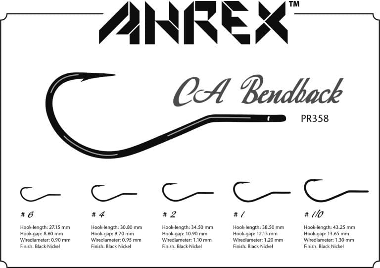 Ahrex PR358 CA bendback fly tying hooks, black-nickel curved shank and straight eye, assorted sizes