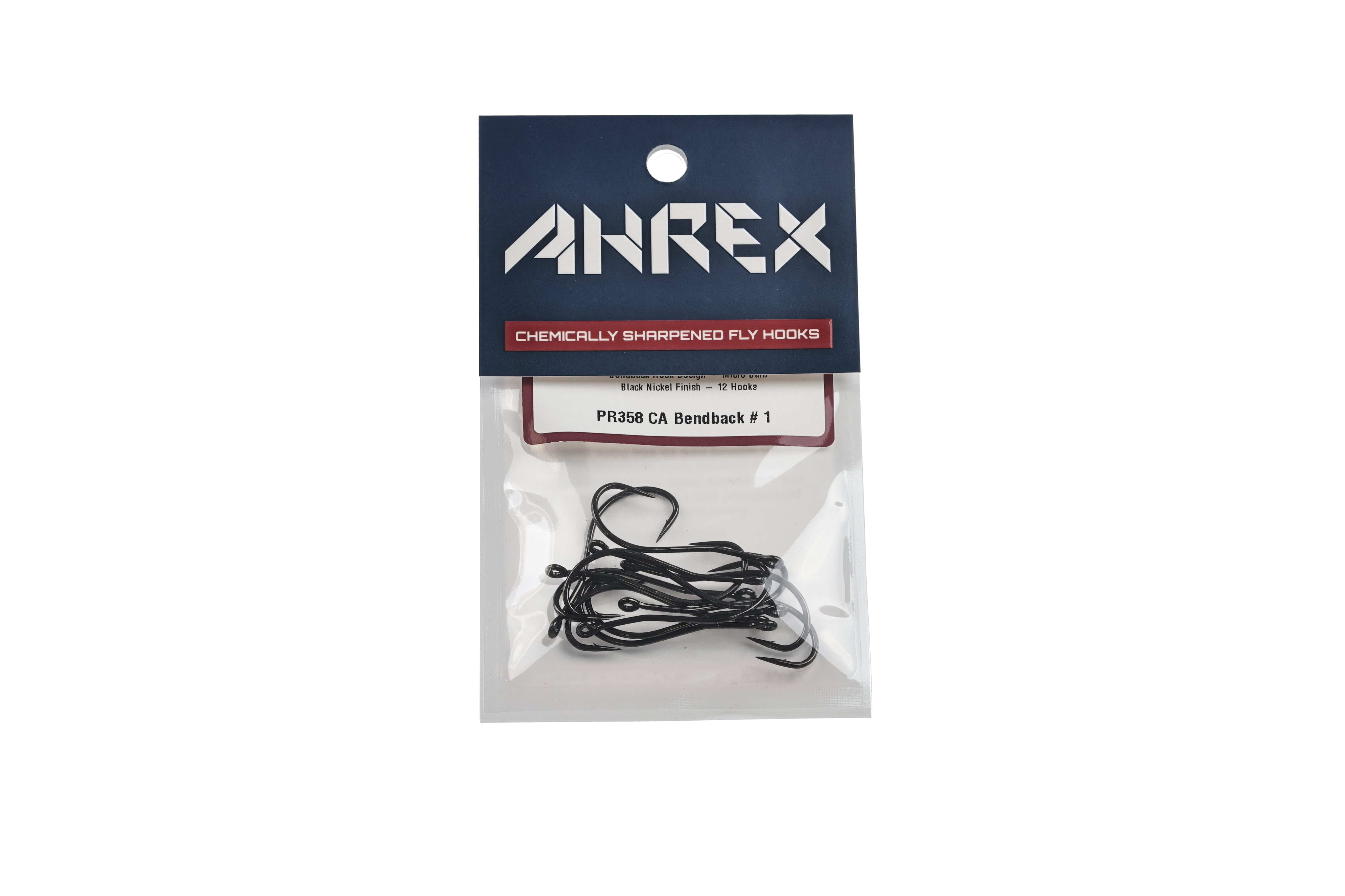 Ahrex PR358 CA bendback fly hooks, black nickel finish, chemically sharpened bendback style in clear retail blister pack