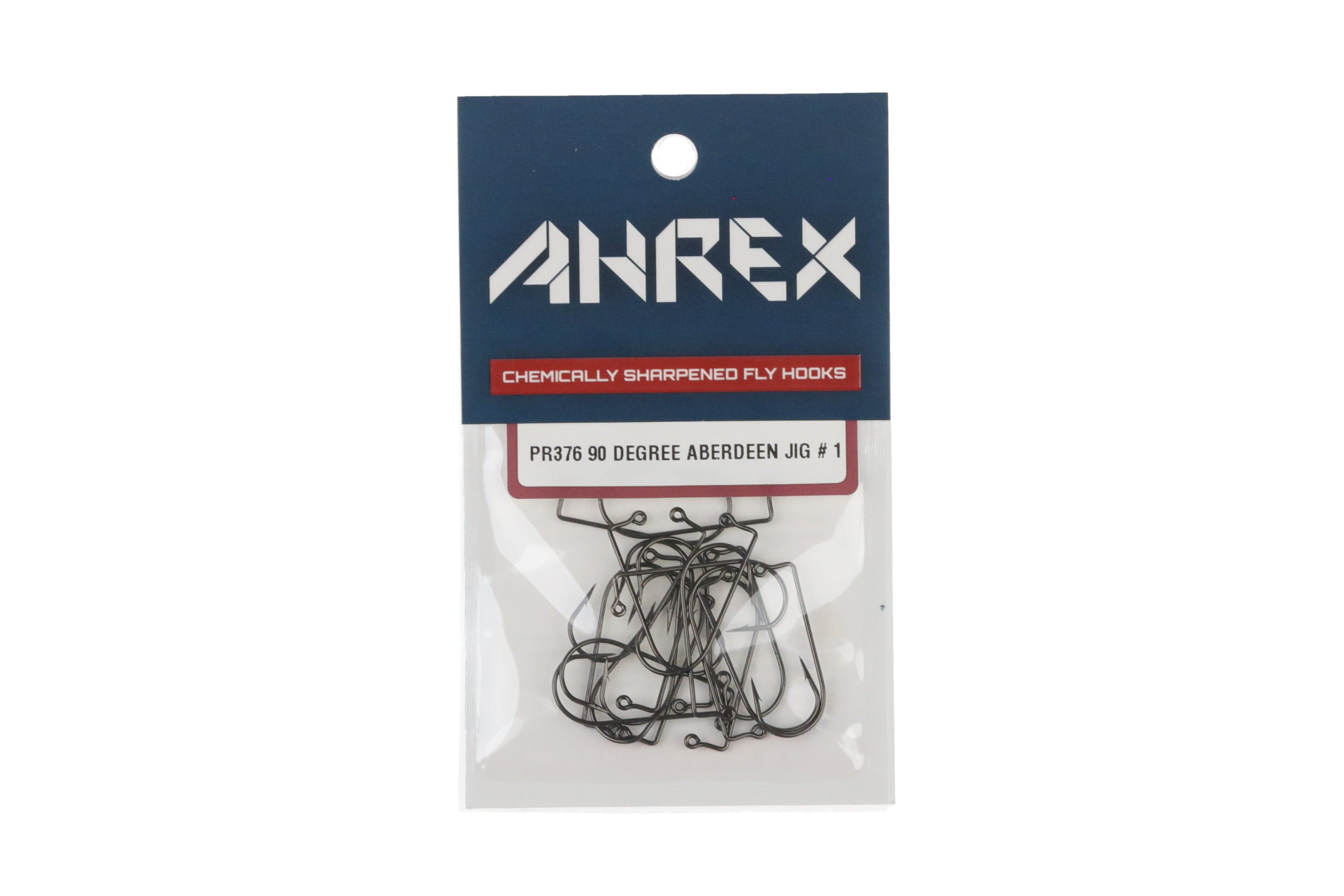 Ahrex PR376 90 degree Aberdeen jig fly hooks in clear pack, gunmetal chemically sharpened hooks with blue header
