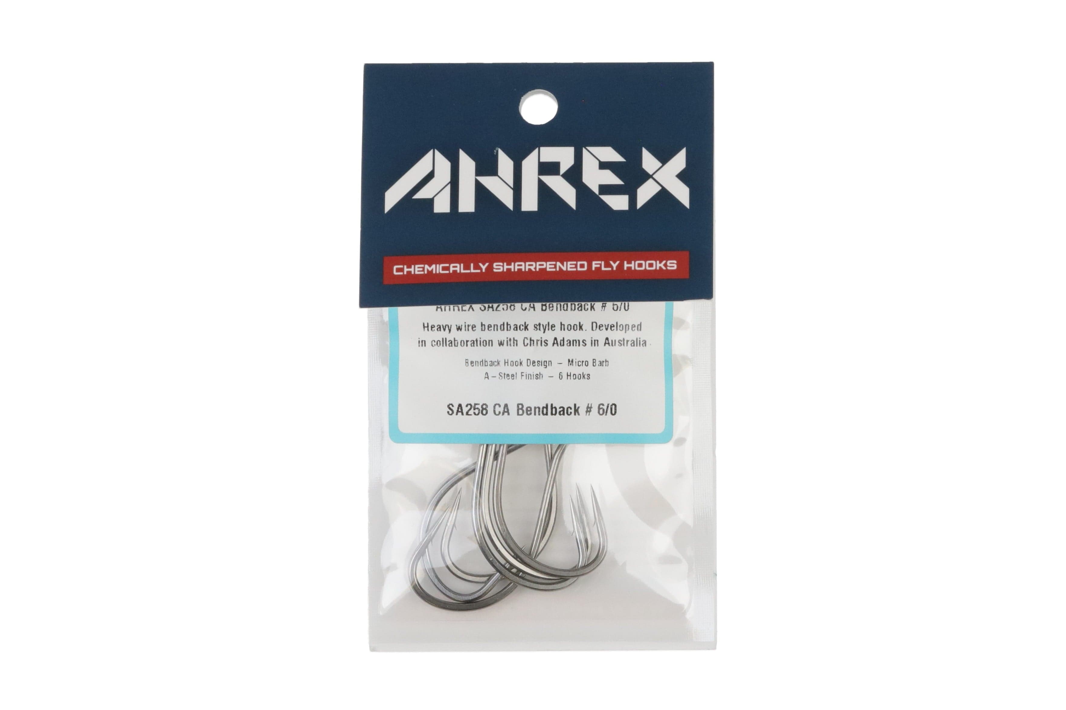 Ahrex SA258 CA bendback fly hooks pack, stainless steel heavy-wire bendback hooks in clear pouch with navy header