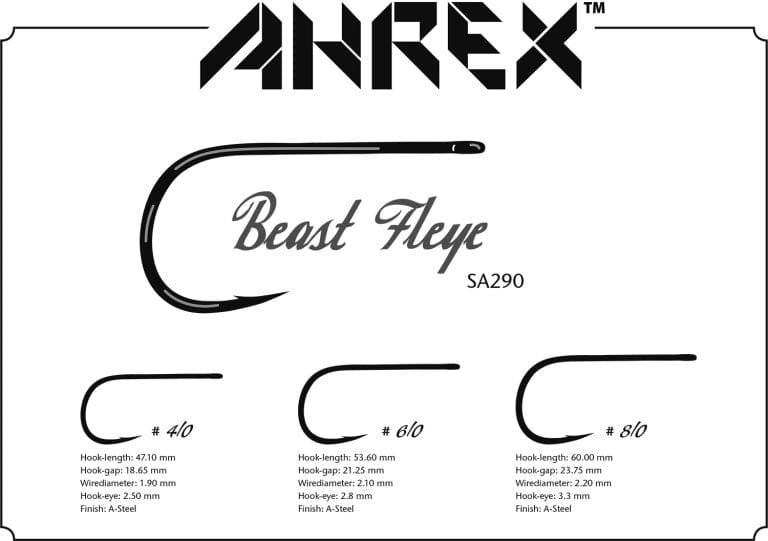 Ahrex Beast Fleye SA290 black steel curved fly tying hooks chart with #4/0, #6/0, #8/0 hook outlines and measurements
