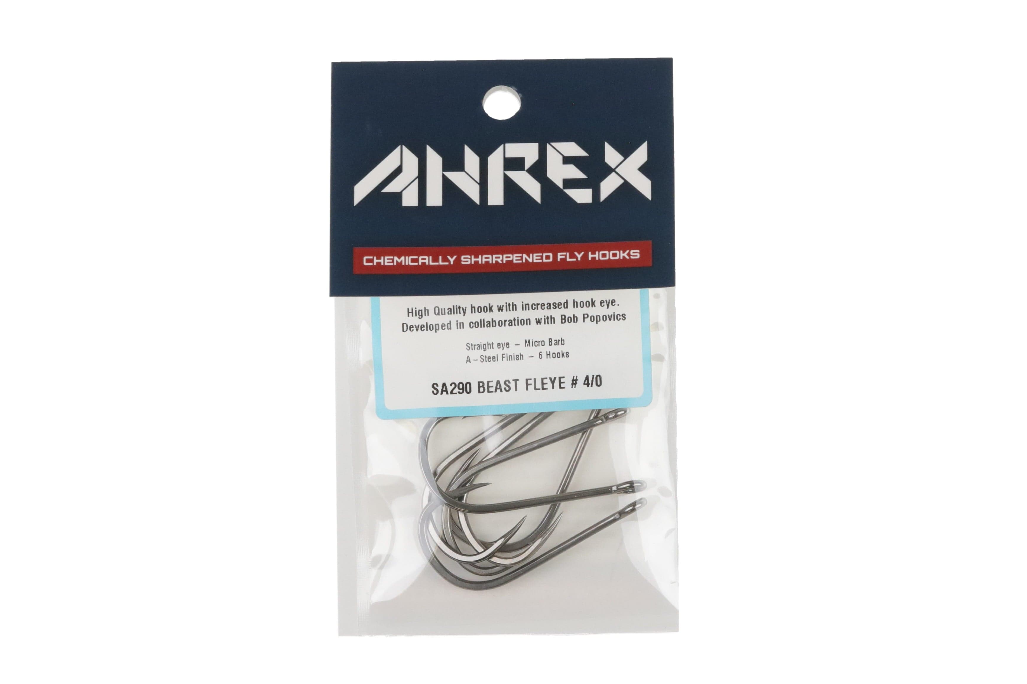 Ahrex SA290 Beast Fleye steel fly hooks, matte silver curved hooks in clear plastic pack with navy header