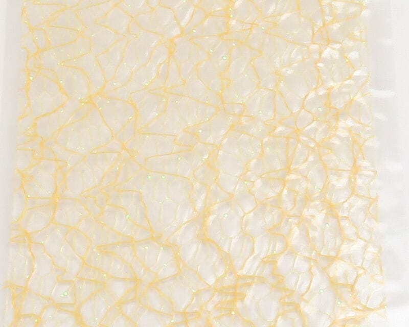 Translucent pale yellow gummy wings sheet with gold webbing and iridescent flakes for fly tying