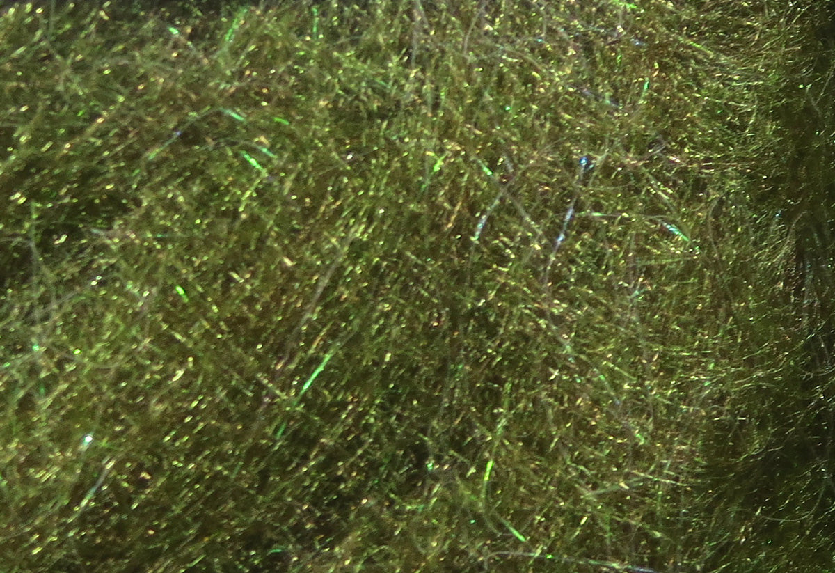 Olive green synthetic dubbing with iridescent green flash fibers, fine fuzzy texture for fly tying