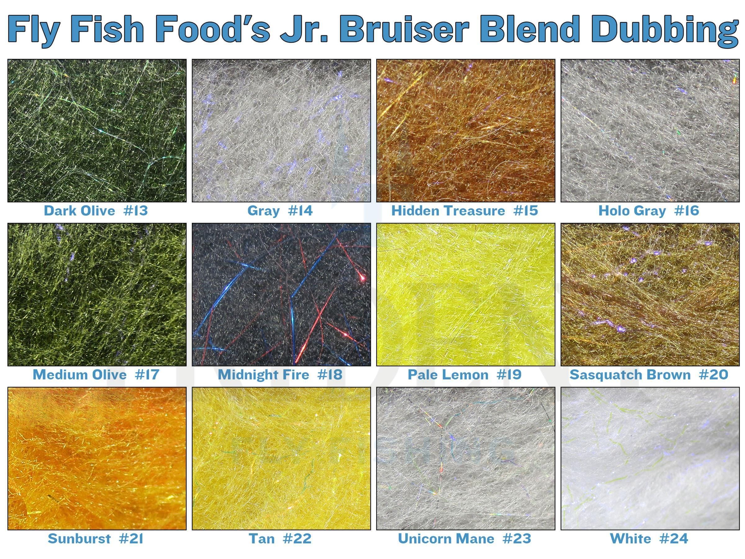 Close-up grid of Fly Tying dubbing swatches showing iridescent synthetic fibers in dark olive, gray, gold, yellow and brown.