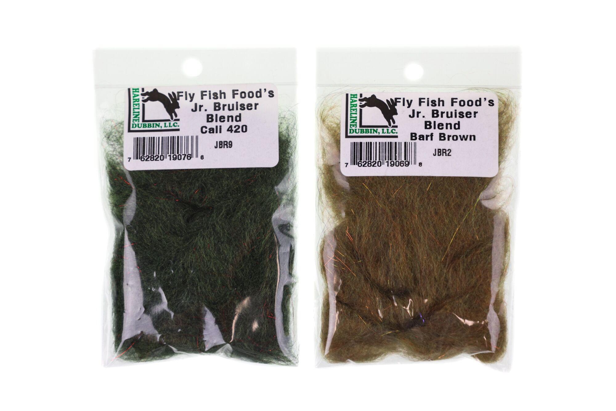 Hareline Fly Fish Food Jr Bruiser Blend dubbing, dark olive and barf brown fibers with subtle flash for fly tying