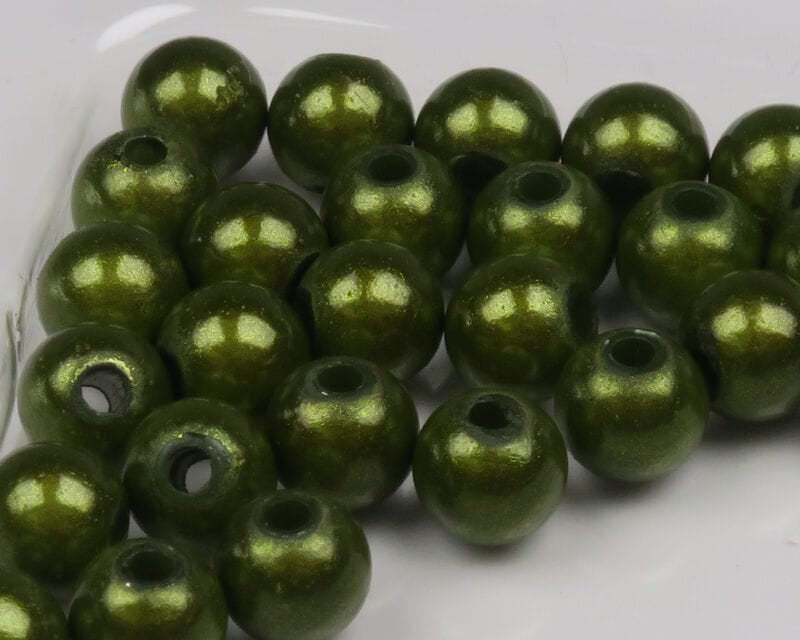 Hareline olive metallic 3D round beads for fly tying, pearlescent finish with large center holes