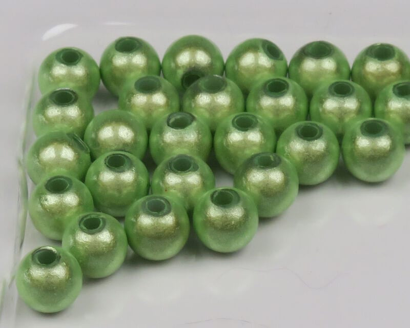 Pearlescent lime green round beads with center holes, glossy 3D finish for fly tying