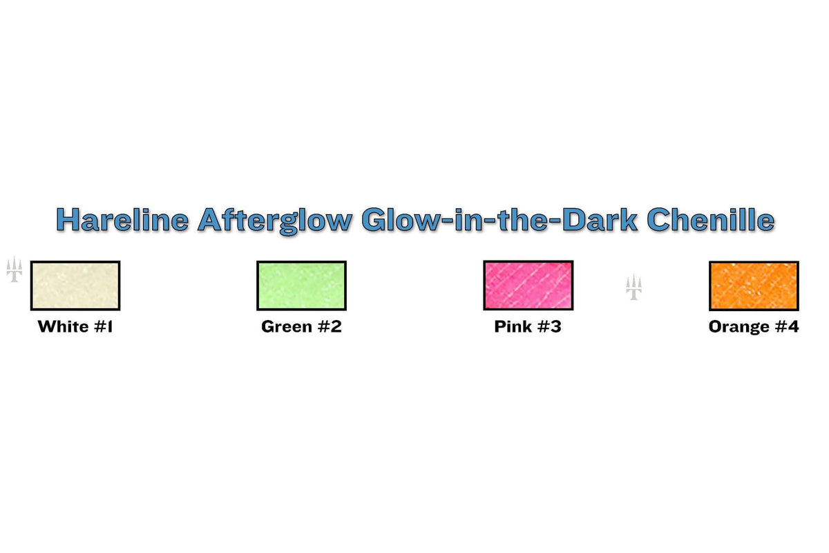 Hareline Afterglow glow-in-the-dark chenille color swatches: White #1, Green #2, Pink #3, Orange #4