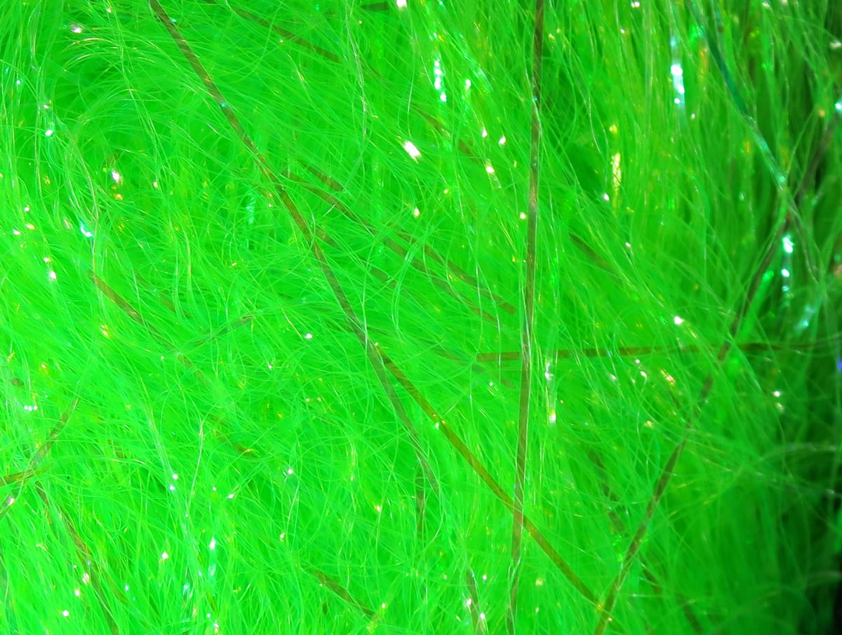 Chartreuse synthetic fibers with wispy hair and iridescent flash strands, baitfish emulator for fly tying