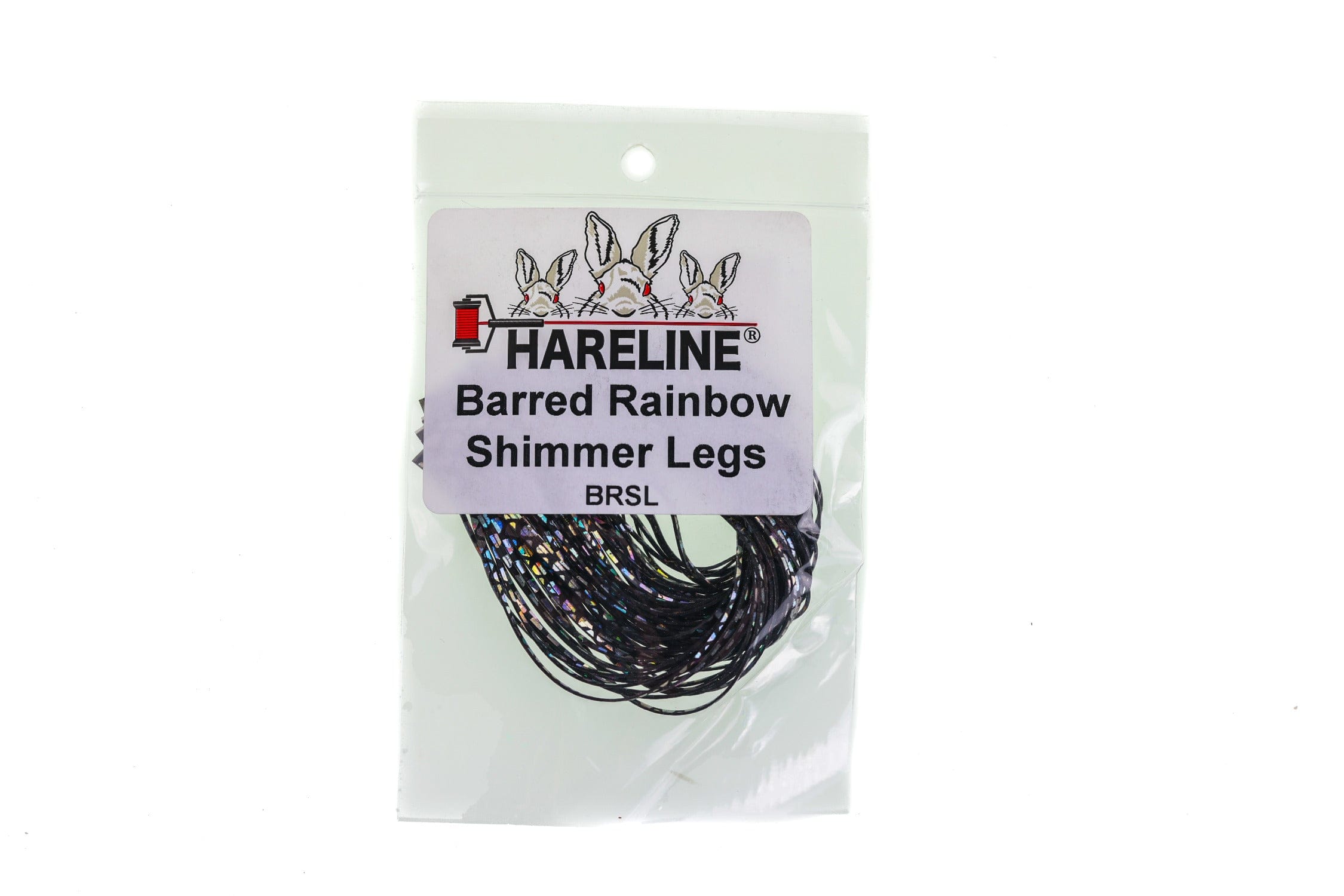 Hareline barred rainbow shimmer legs, black iridescent strands with holographic bars in clear bag for fly tying