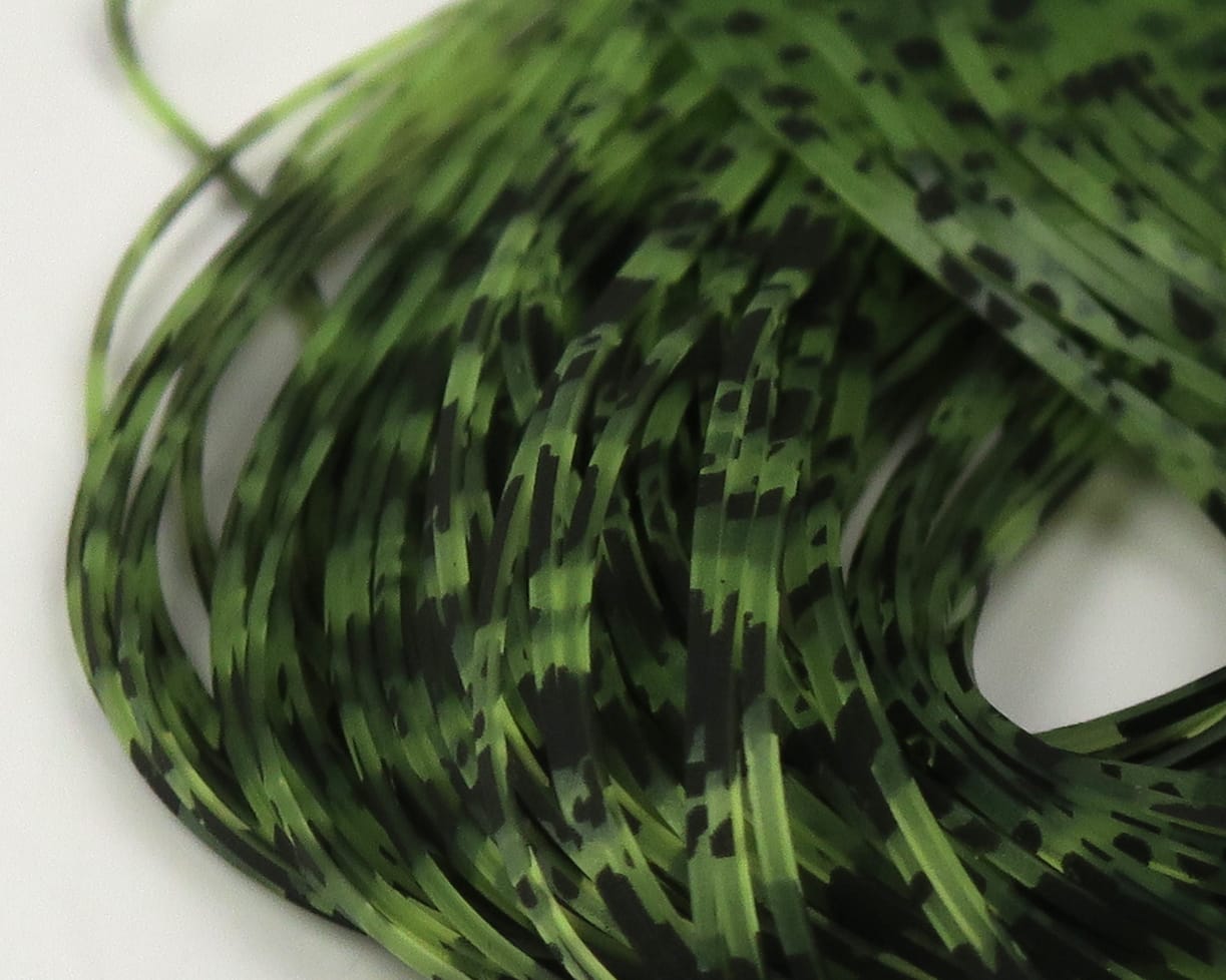 Hareline green and black barred speckled Crazy Legs synthetic strips, coiled fly tying material