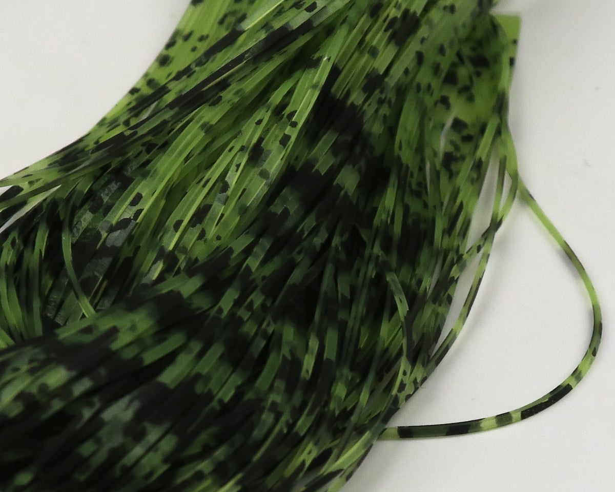 Olive green Hareline barred and speckled Crazy Legs rubber strands for fly tying with black spots and bars