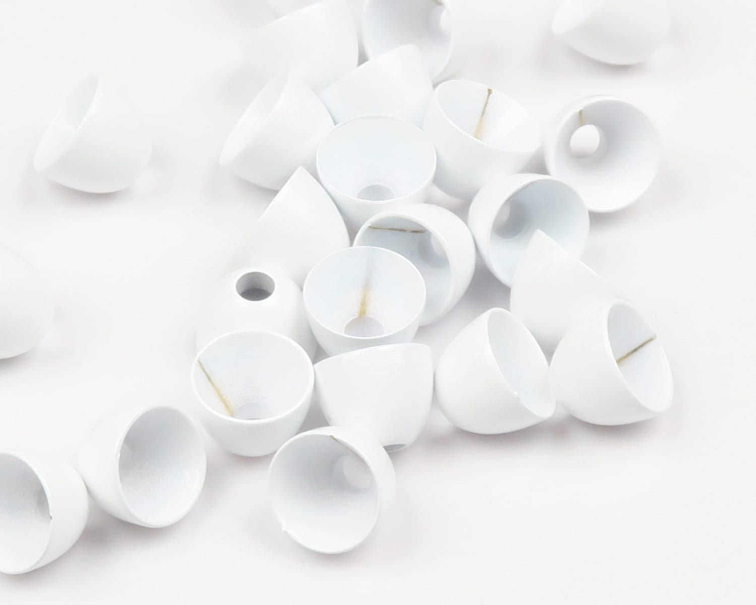 Hareline white-coated brass cone heads for fly tying, small cup-shaped cones with center holes