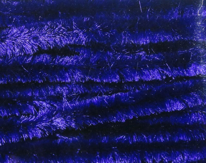 Deep royal blue Hareline chenille with shimmery, fuzzy synthetic fibers, striped strands for fly tying