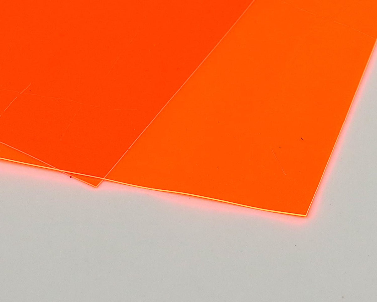 Translucent fluorescent orange plastic sheets with glowing edges, Hareline Edge Bright fly tying material