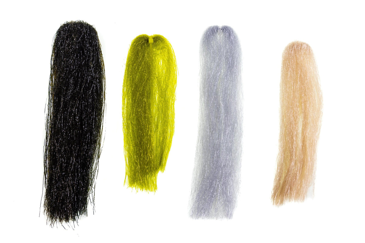 Hareline Finesse fly tying fibers: long shimmering synthetic strands in black, chartreuse, silver and tan