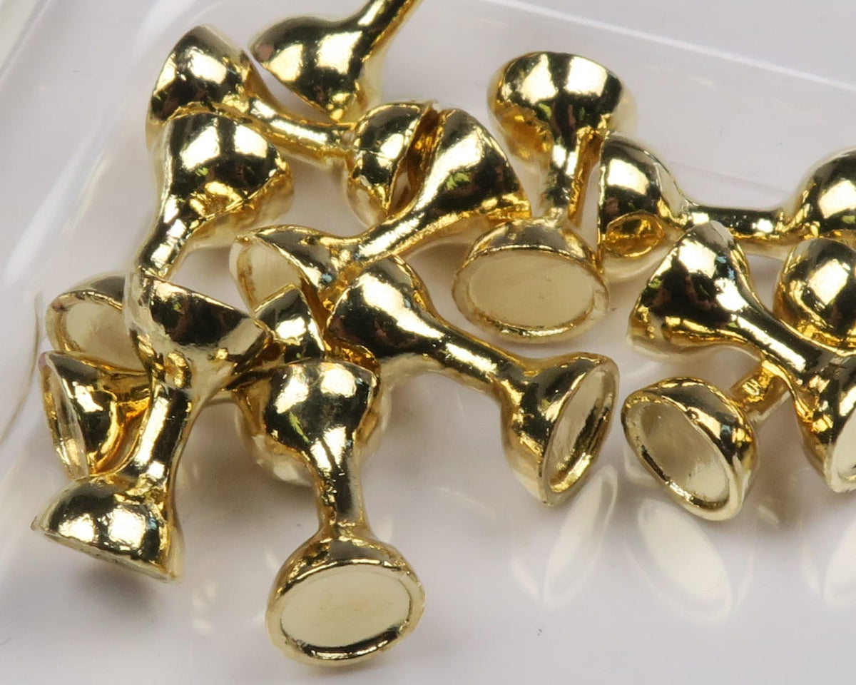 Gold flat-end tungsten eyes for fly tying, shiny metallic hourglass-shaped beads with flat faces