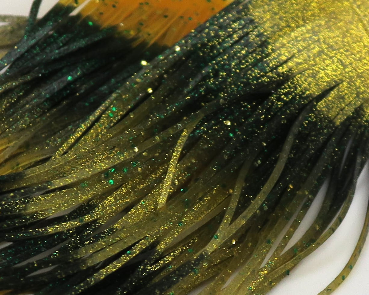 Olive and dark green Hareline Fly Enhancer legs translucent rubber strands with gold and emerald glitter for fly tying