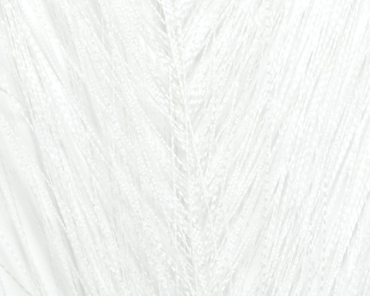 White Hareline hackle hair close-up showing fine glossy strands fanned for fly tying