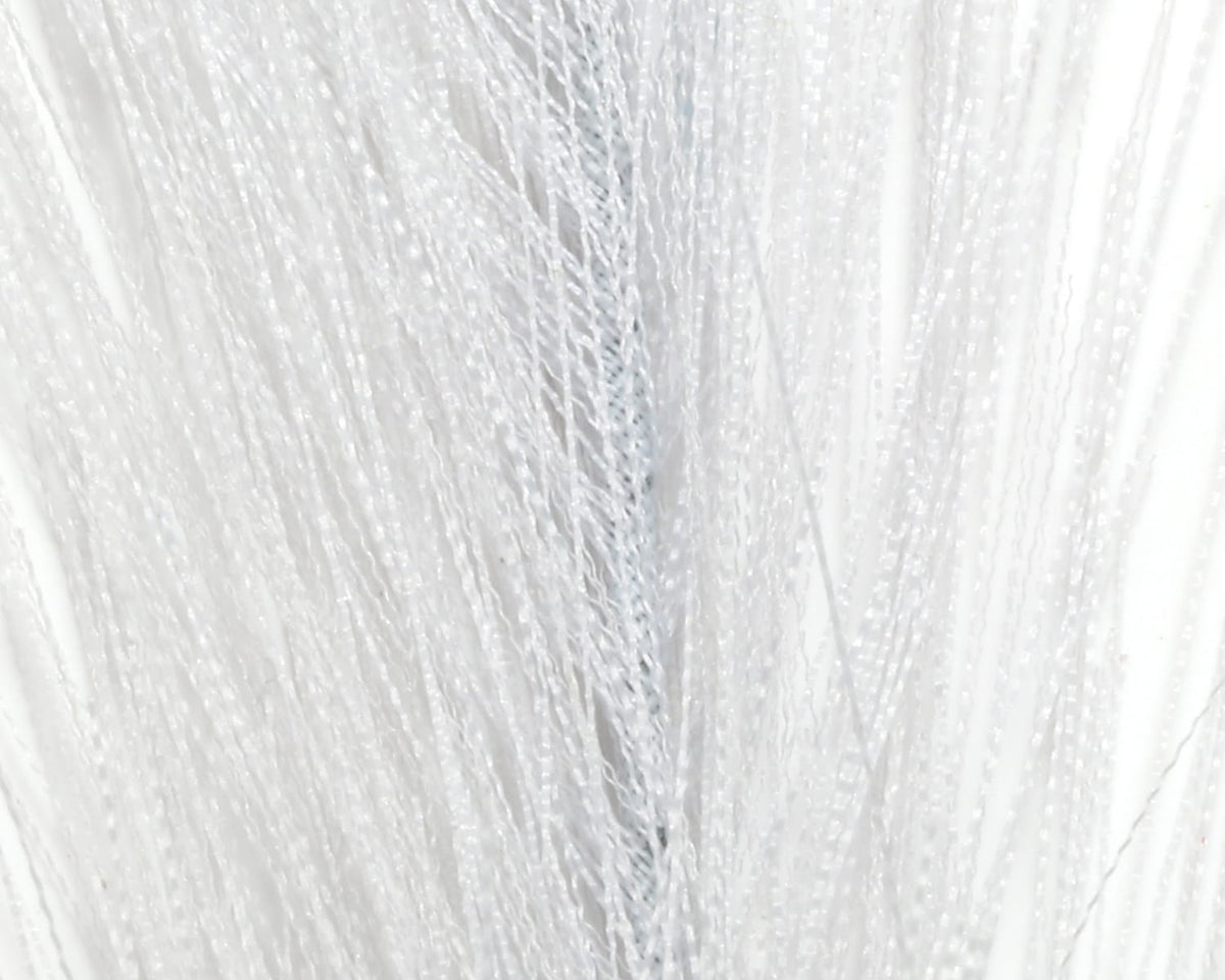 White translucent synthetic hackle hair strands with fine crinkled texture for fly tying