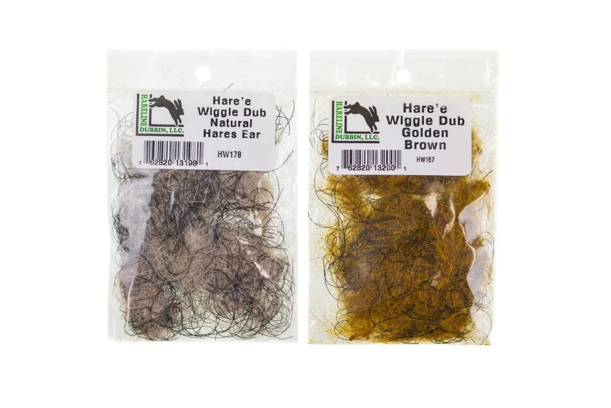 Two Hareline Hare'e Wiggle Dub packets showing natural gray hare's ear dubbing and golden brown dubbing for fly tying