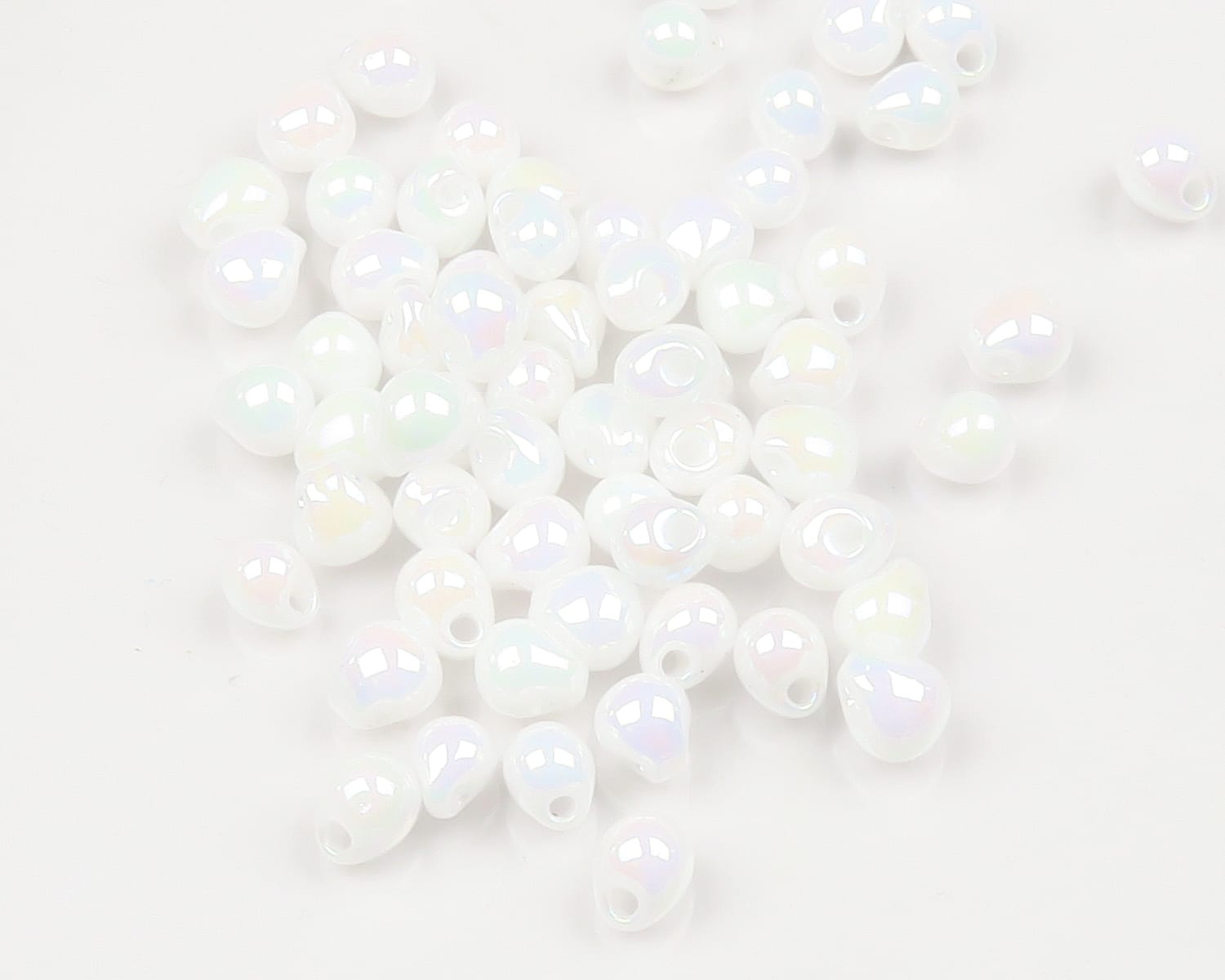 Opal white iridescent humpback glass beads, teardrop shape with hole, for fly tying