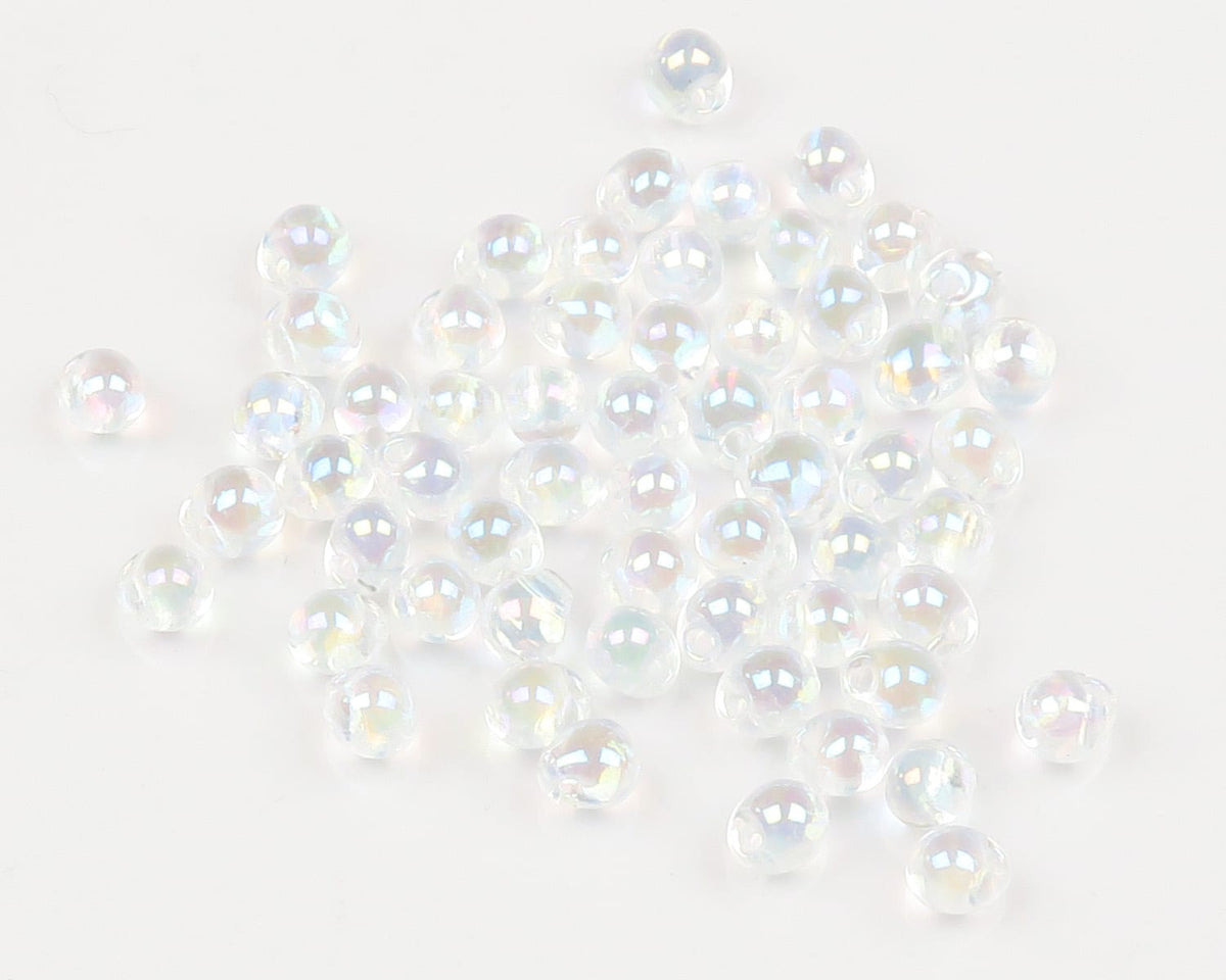 Clear iridescent hump-back glass beads for fly tying, small round Hareline beads with pearly rainbow sheen