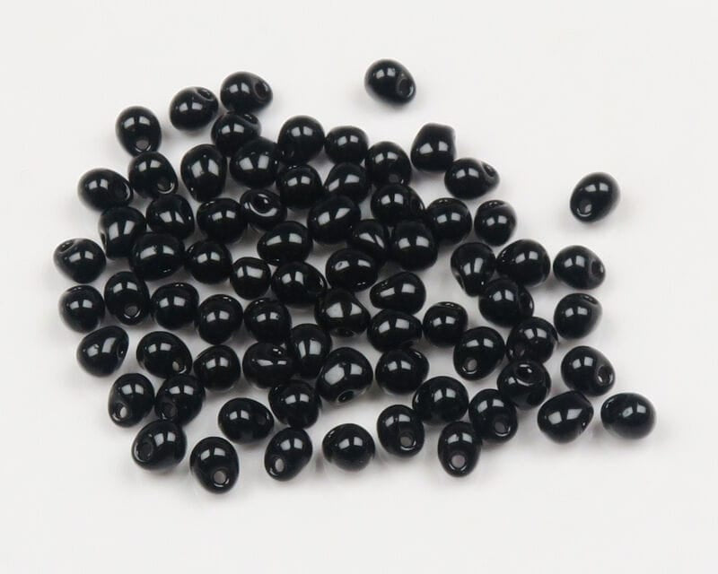 Hareline hump back black glass beads for fly tying, glossy teardrop shapes with center holes