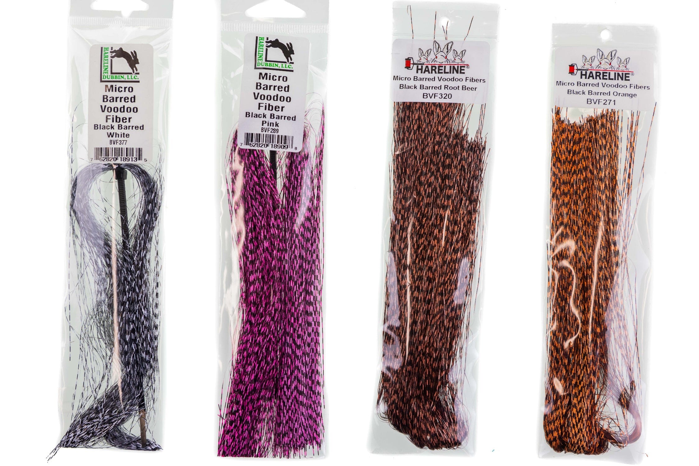 Hareline Micro Barred Voodoo fibers — black-barred white, pink, brown and orange synthetic fly-tying strands