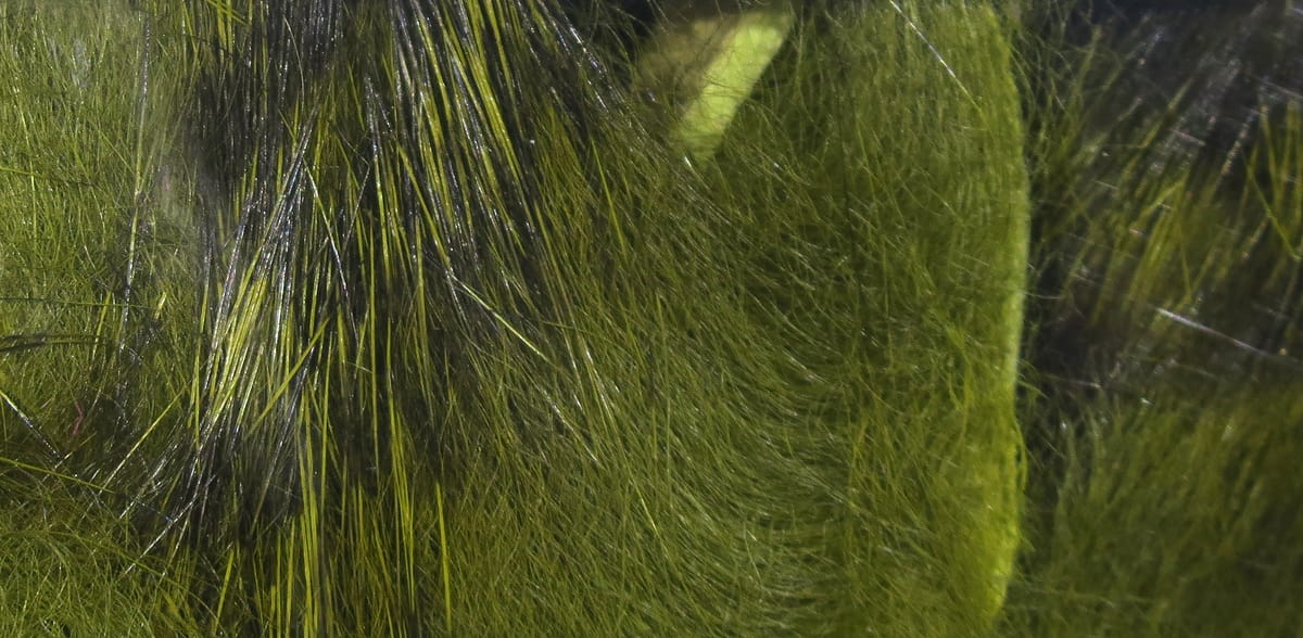 Olive green Hareline Micro Pulsator strips, fine synthetic fur with thin iridescent strands for fly tying