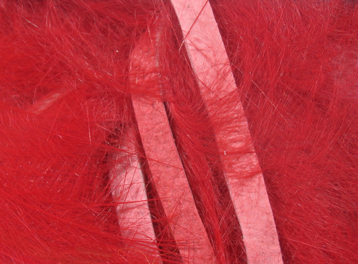 Bright red Hareline micro rabbit fur strips with narrow leather backing and fine wispy hairs for fly tying
