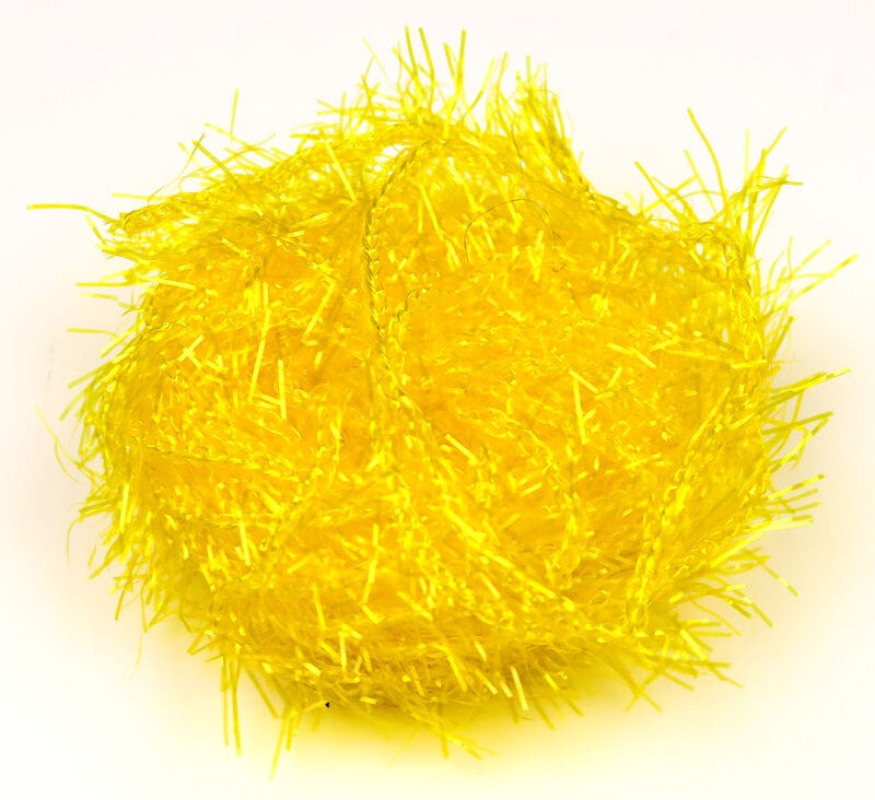 Bright yellow Hareline polar chenille with shiny tinsel strands, fluffy synthetic fiber for fly tying
