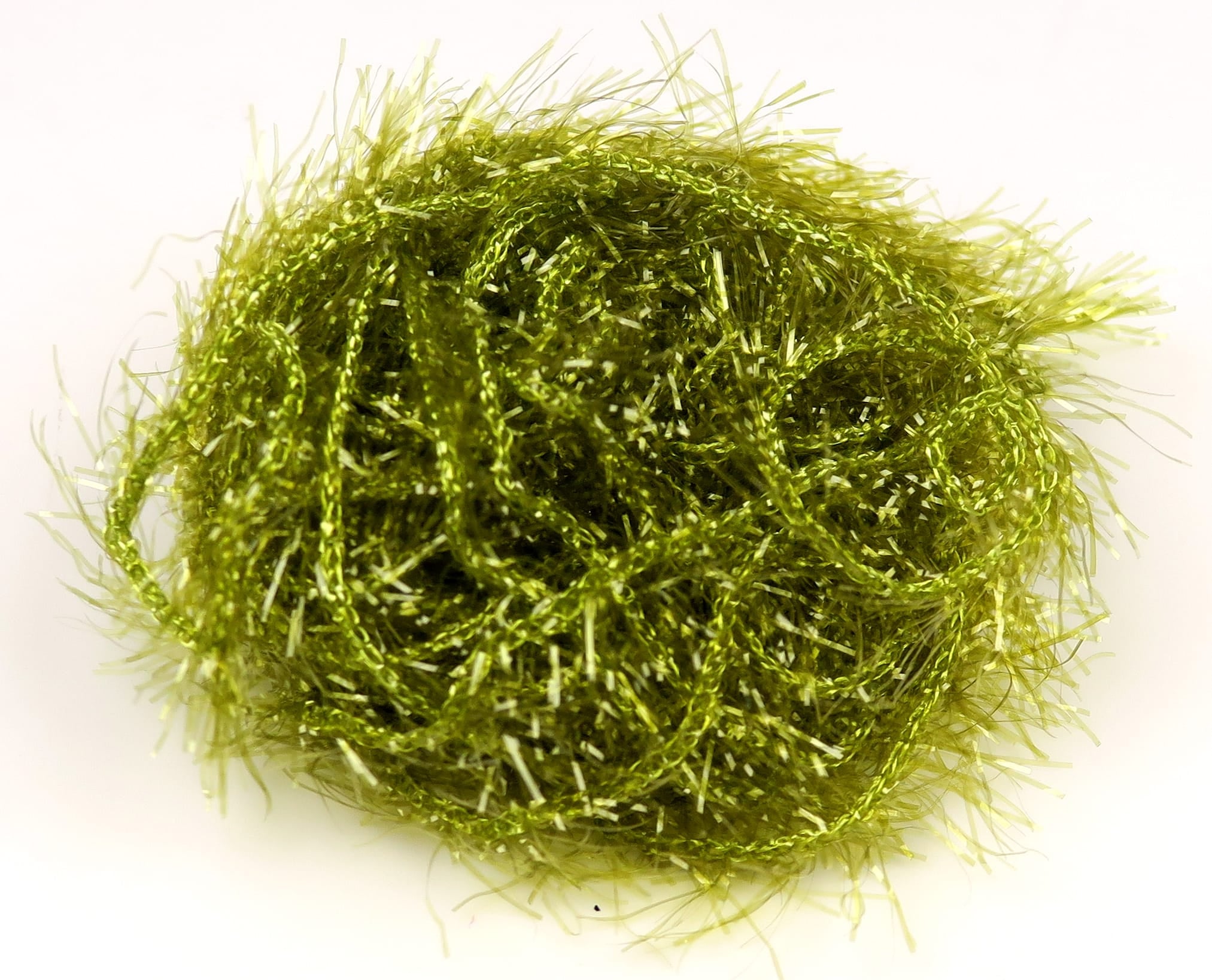 Olive green Hareline Polar Chenille with sparkly tinsel fibers and fluffy fringe for fly tying