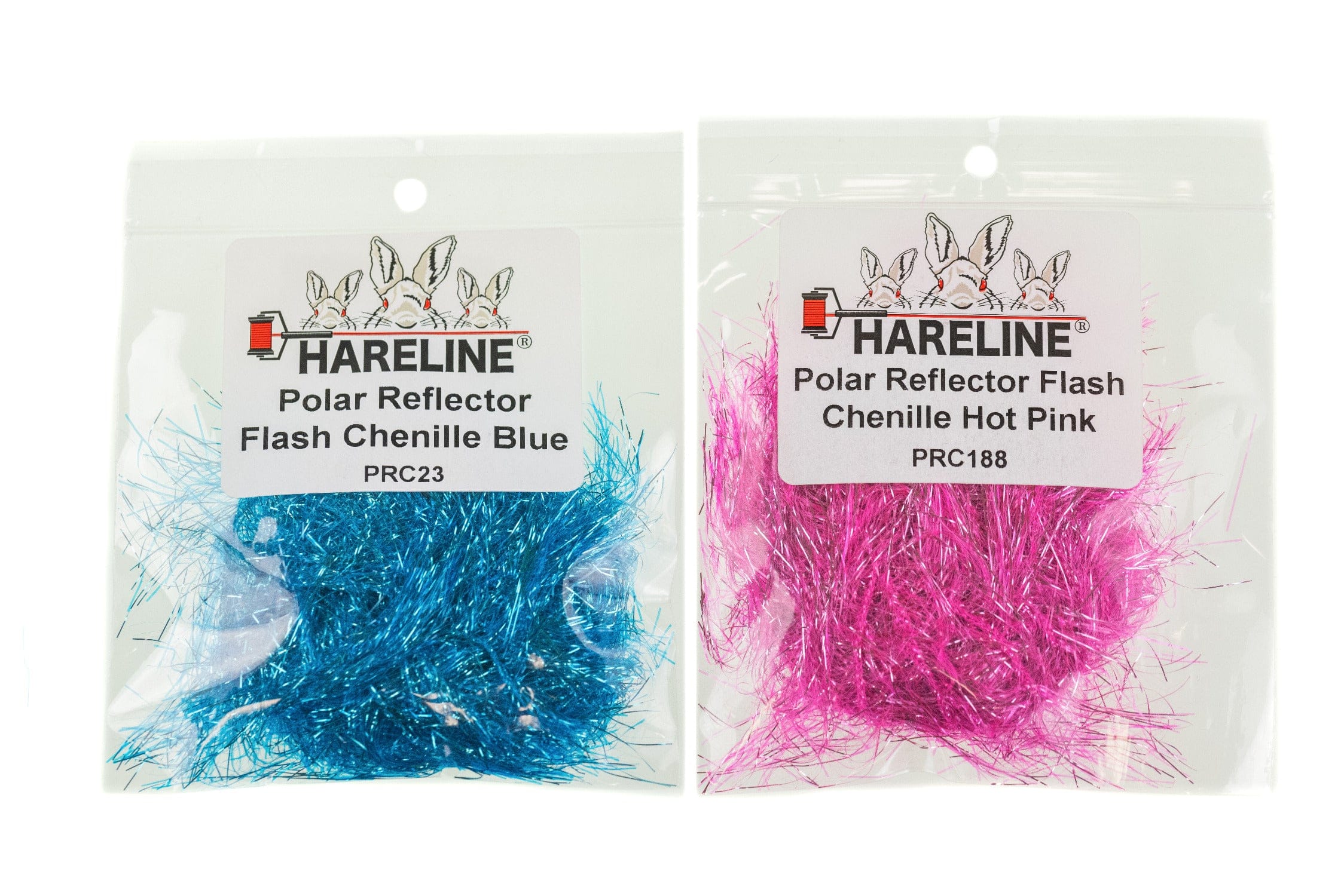 Hareline Polar Reflector flash chenille packs in bright blue and hot pink, sparkly tinsel-like fly tying fibers in clear bags