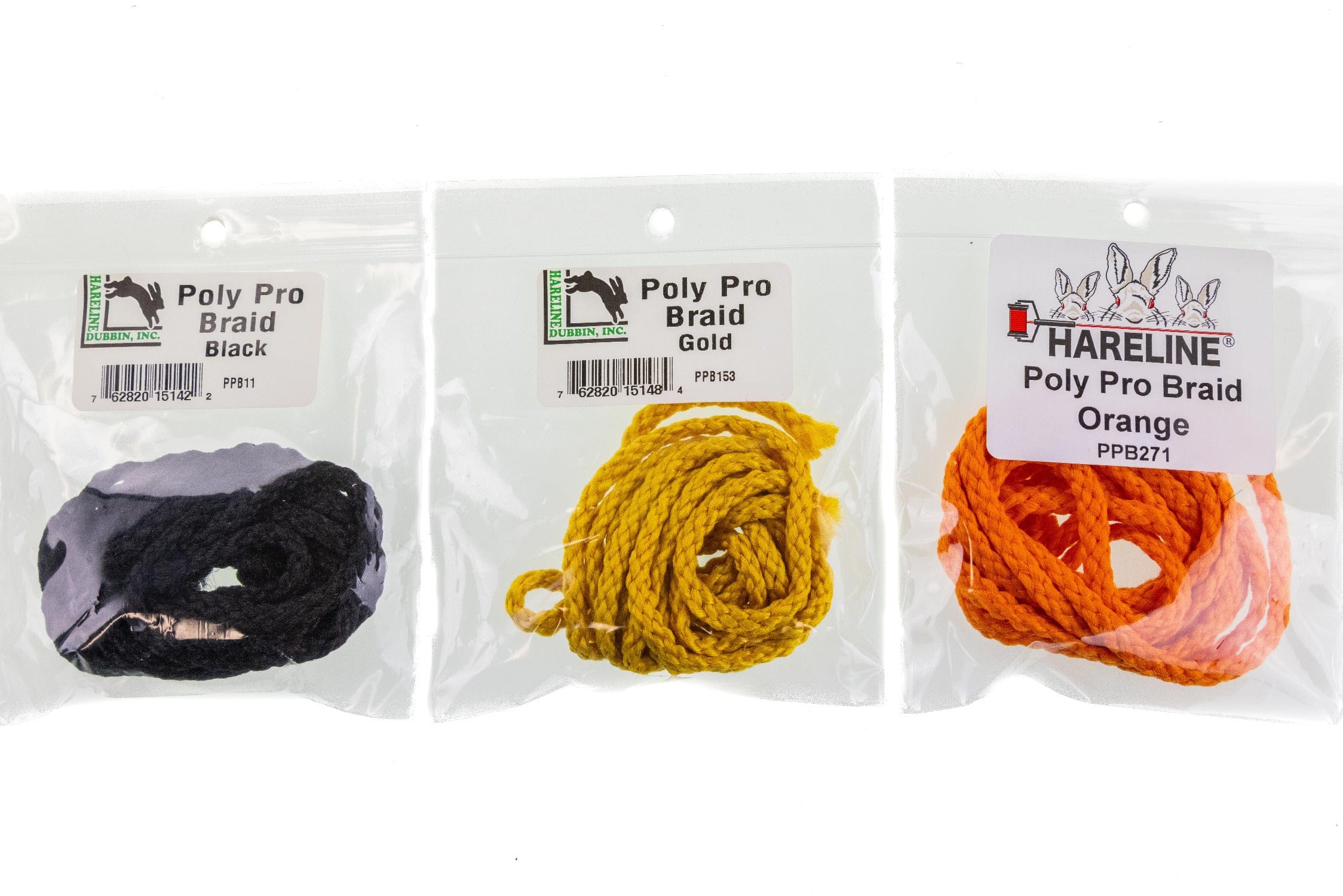Hareline Poly Pro Braid pack showing braided polyester yarn in black, gold and bright orange in clear plastic packaging
