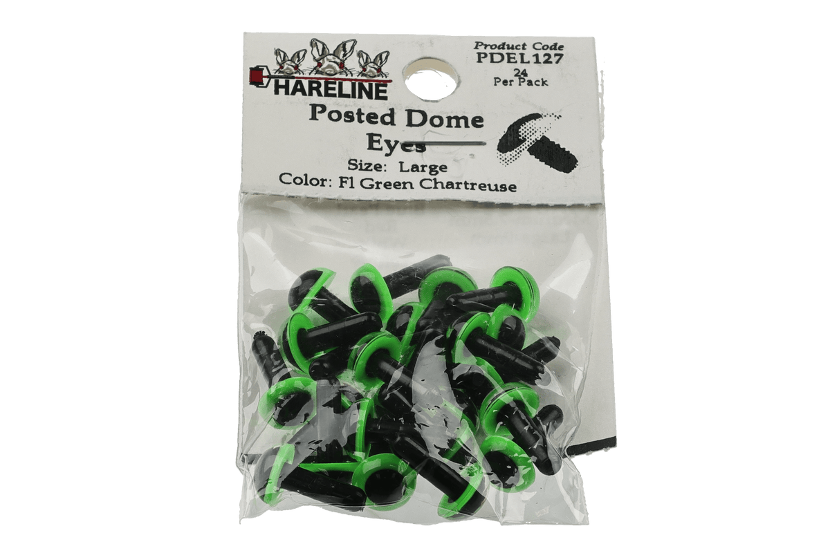 Hareline posted dome eyes pack with black plastic posts and fluorescent green chartreuse domes for fly tying