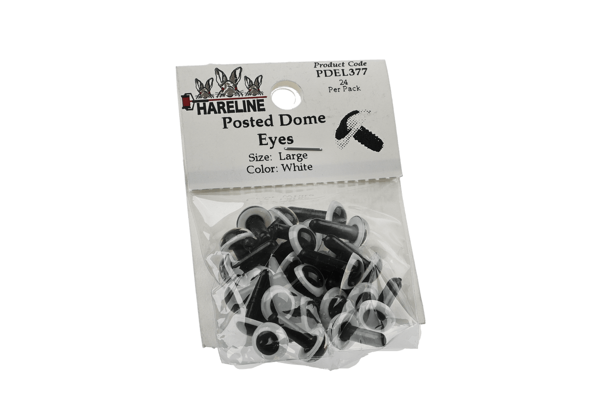 Hareline Posted Dome Eyes pack - black plastic domes with white rims and posts in clear bag for fly tying