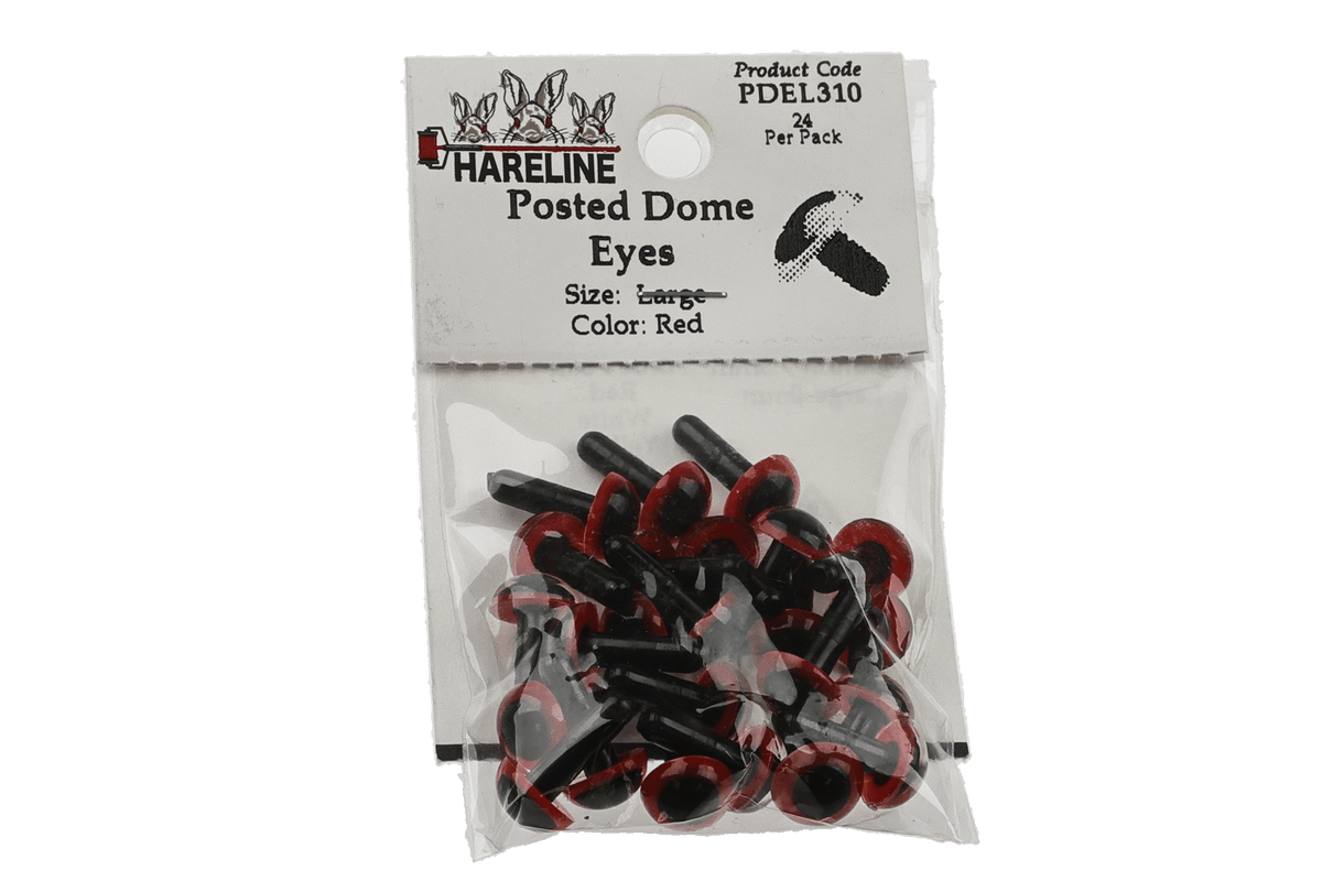 Clear package of Hareline posted dome eyes for fly tying, black plastic posts with glossy red domes and white header card