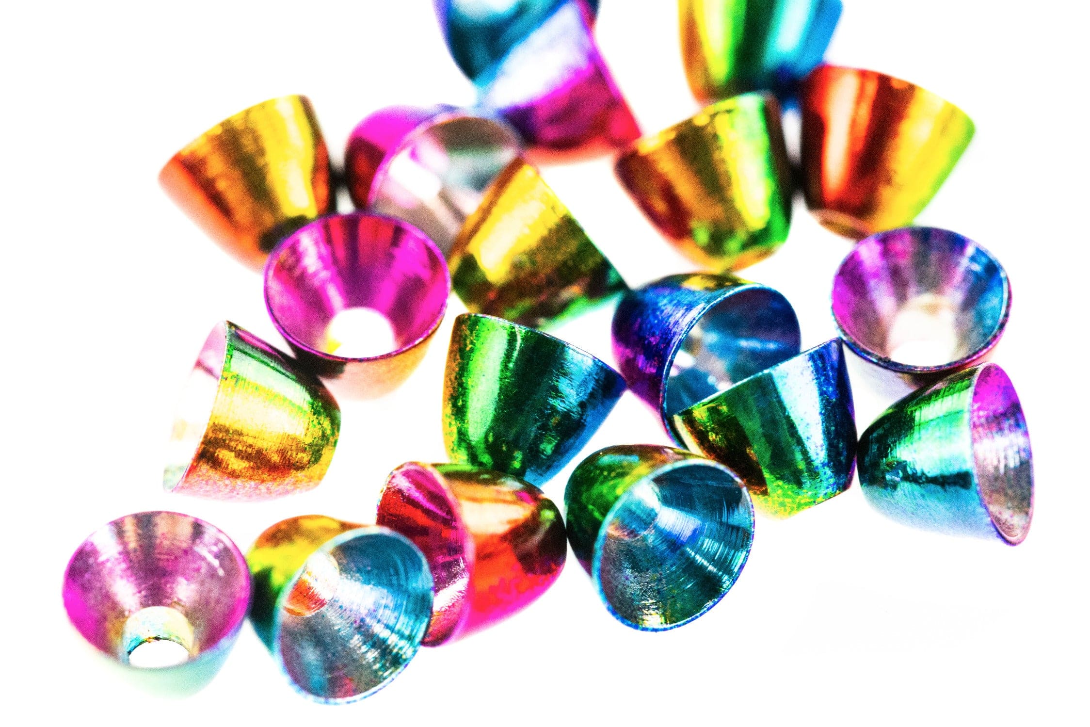 Rainbow anodized brass cones for fly tying, iridescent metallic green, blue, purple and gold tapered cone heads
