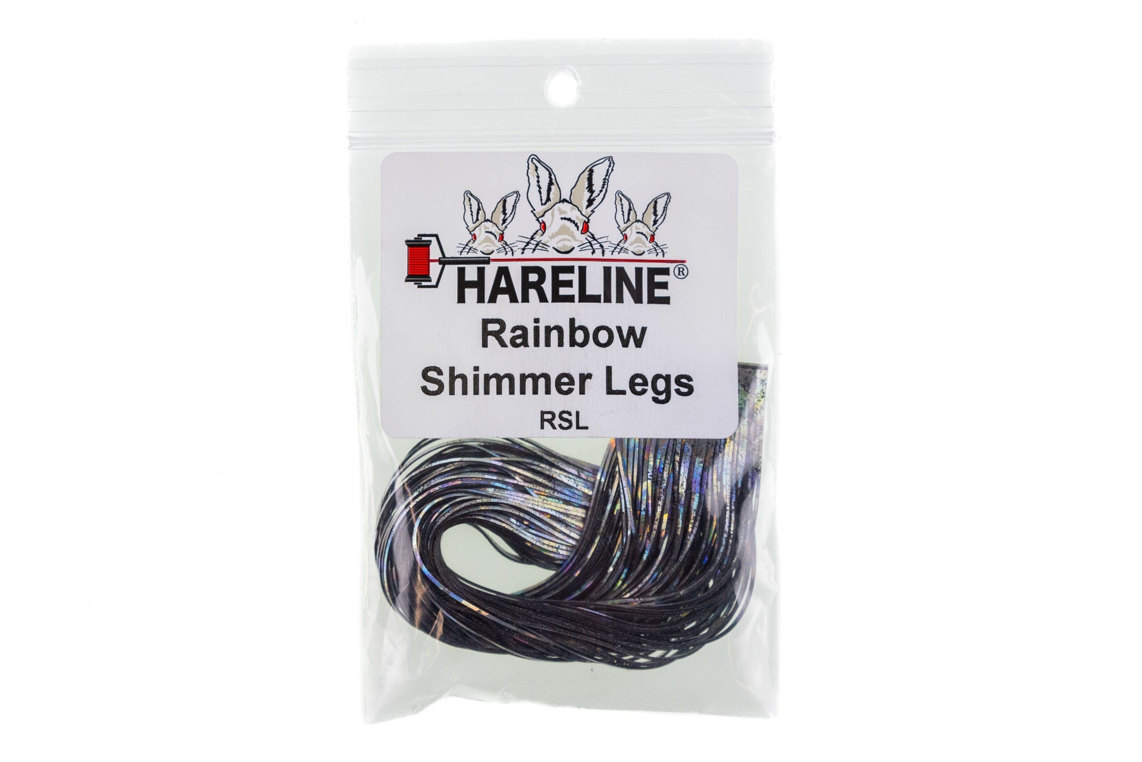 Hareline Rainbow Shimmer Legs pack showing iridescent black and rainbow foil synthetic strips for fly tying