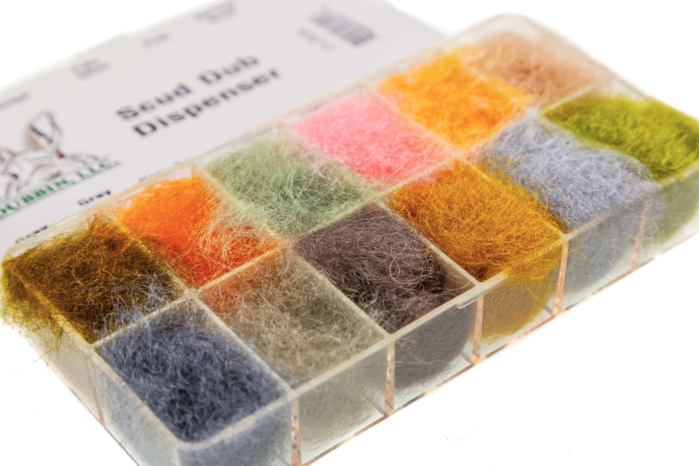 Hareline Scud Dub multi-color fly tying dubbing in clear compartment dispenser, fuzzy fibers in green, orange, pink, gray