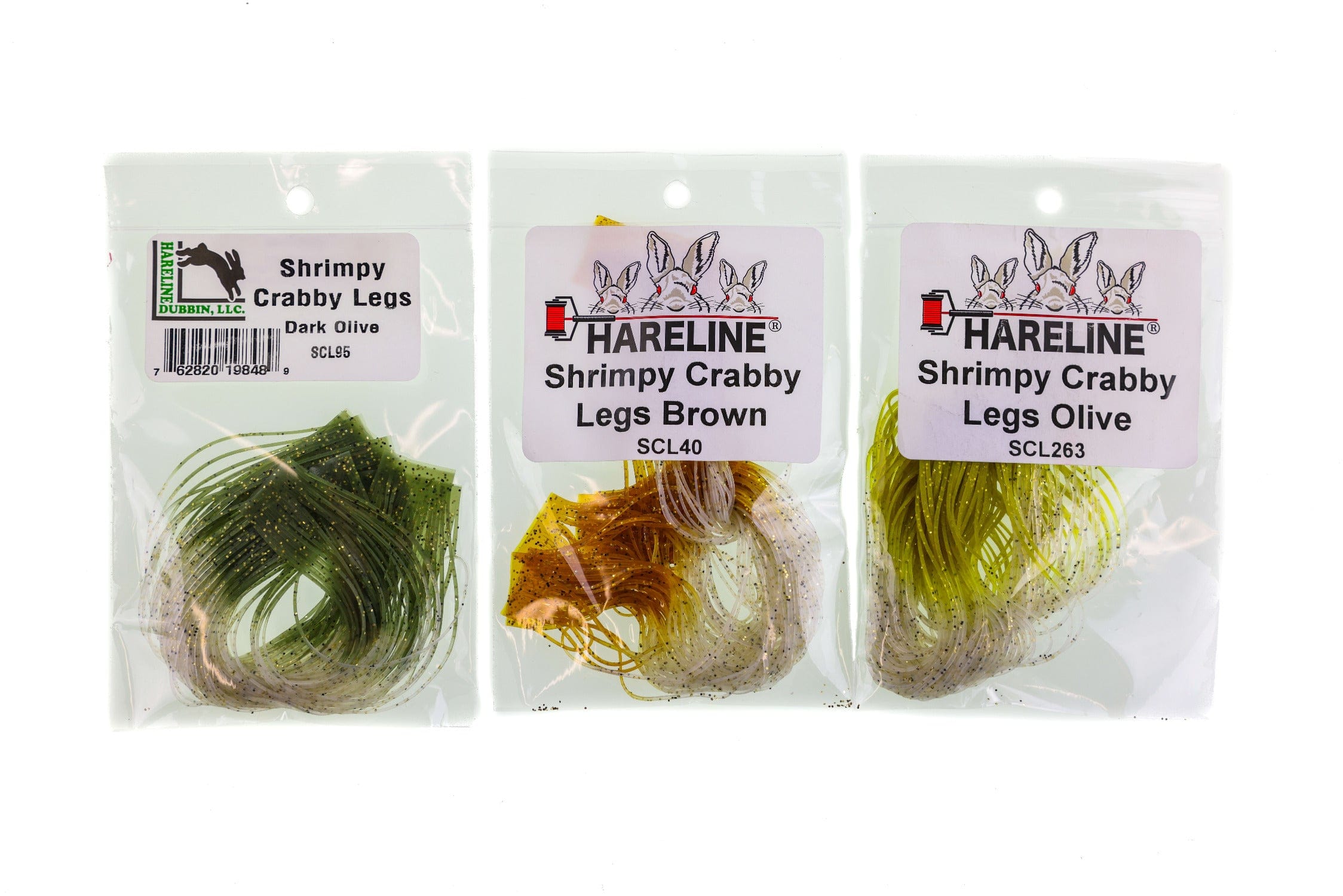 Hareline Shrimpy Crabby Legs fly tying skirts, dark olive, brown and olive-yellow silicone strands with gold flecks