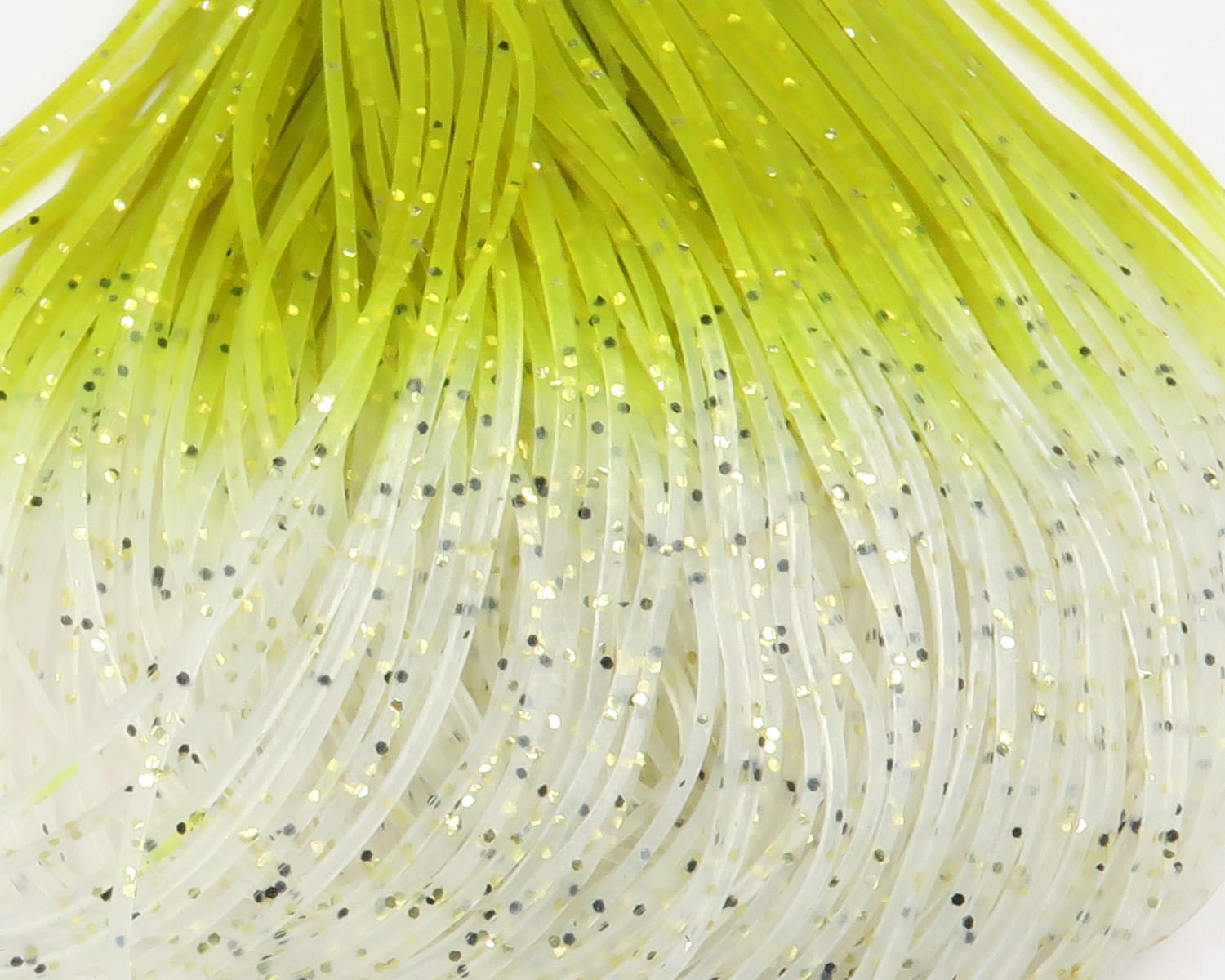 Chartreuse to pearl white silicone shrimp legs with gold and black glitter flecks, soft strands for fly tying