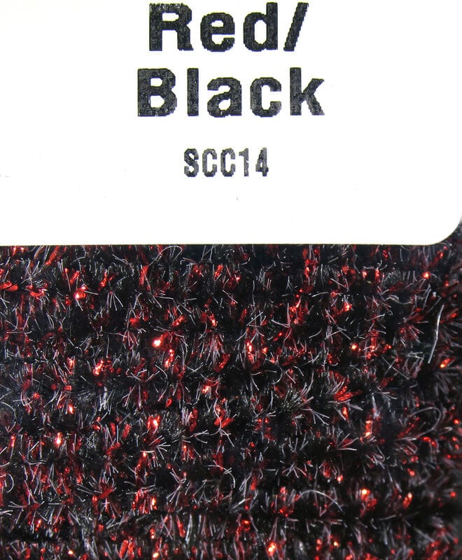 Hareline red and black speckled chenille with metallic red tinsel flecks, fuzzy textured yarn for fly tying