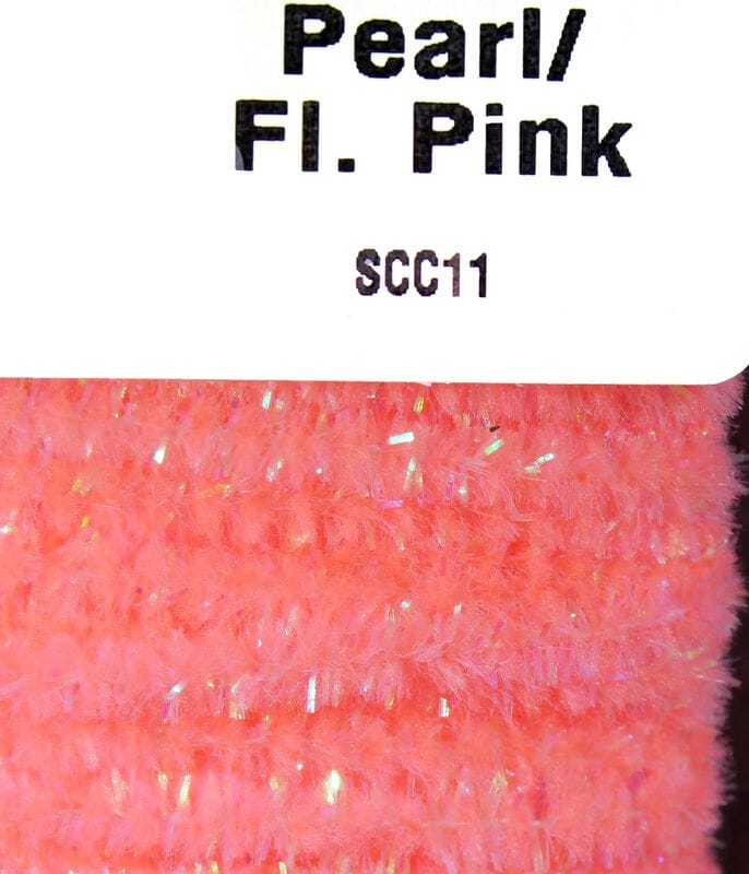 Hareline speckled chenille in pearl/fluorescent pink, fluffy synthetic fiber with iridescent tinsel for fly tying