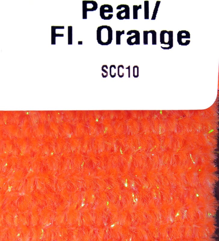 Hareline speckled chenille in fluorescent orange with iridescent tinsel specks, plush yarn for fly tying