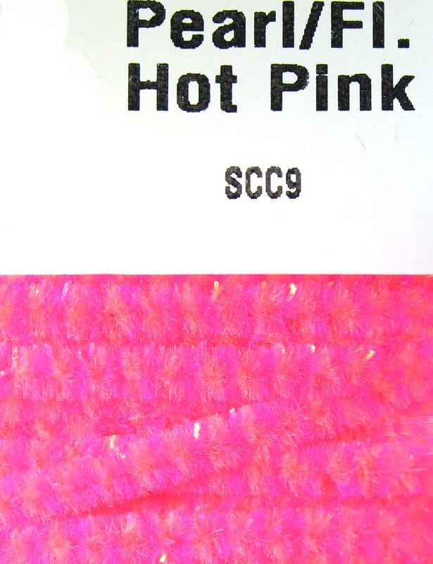 Hareline hot pink speckled chenille with iridescent flashes, fuzzy fly-tying material labeled Hot Pink SCC9