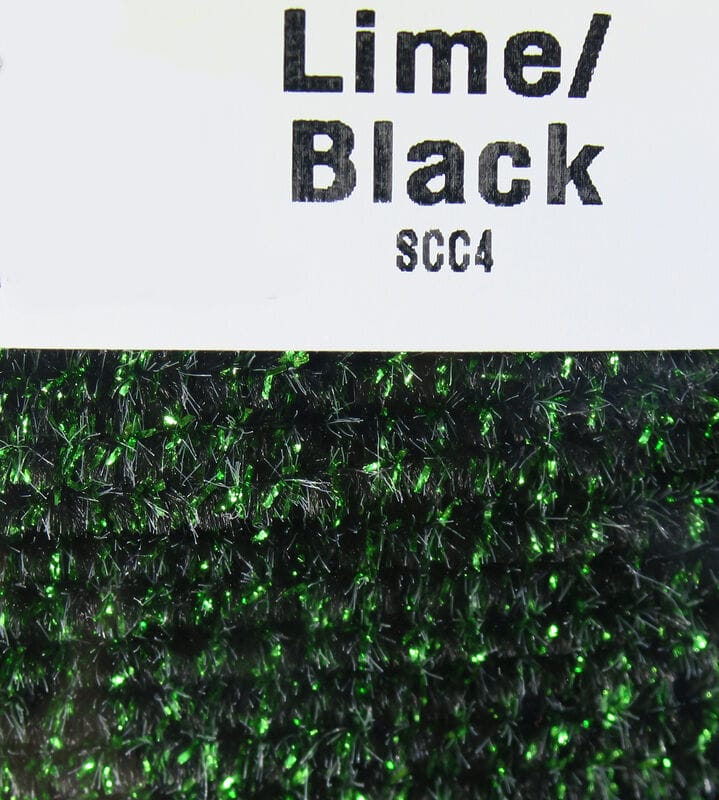 Lime and black speckled Hareline chenille with sparkling green tinsel fibers, plush fly tying material